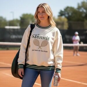 Simply Southern Tennis Varsity Crewneck Sweatshirt Cream Green XL NWT